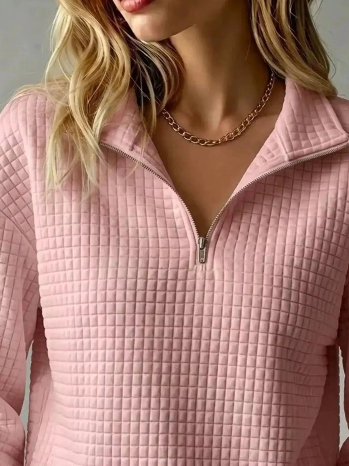 Waffle Knit Quarter-Zip Sweatshirt by Trendsi