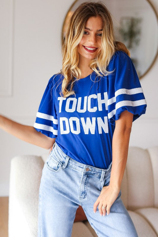 Stand Out Blue "TOUCHDOWN" Sequin Bubble Sleeve Game Day Top