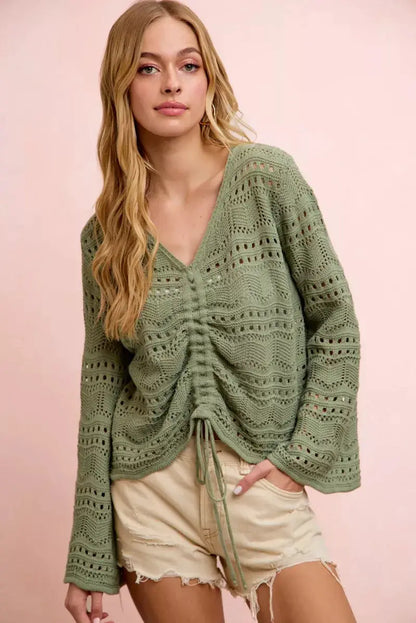 BiBi Pointelle Knit V Neck Ruched Front Lightweight Top by Trendsi