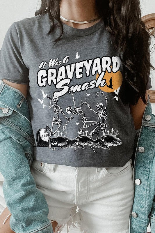 Graveyard Smash Skeleton Halloween Graphic Tee