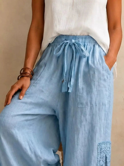 Lace Detail Slit Wide Leg Pants by Trendsi