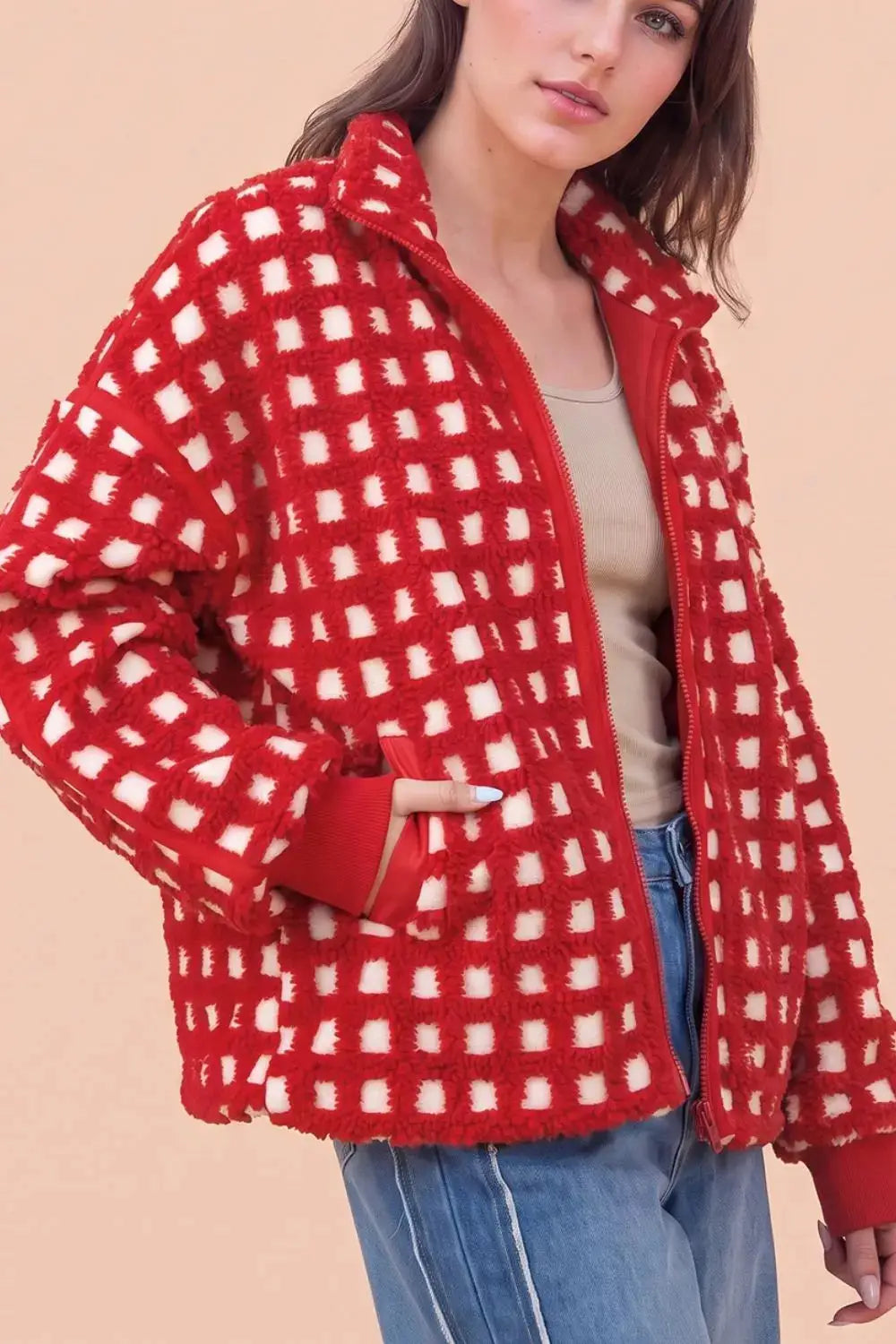 Plaid Zip-Up Long Sleeve Outerwear by Trendsi