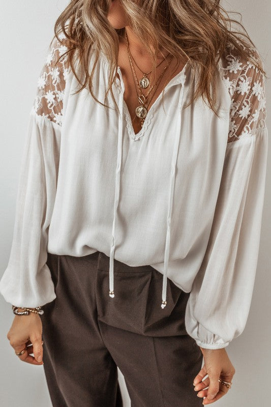 Floral Lace Patchwork Lantern Sleeve V Neck Blouse