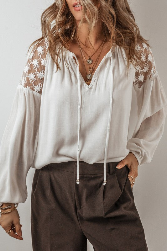 Floral Lace Patchwork Lantern Sleeve V Neck Blouse