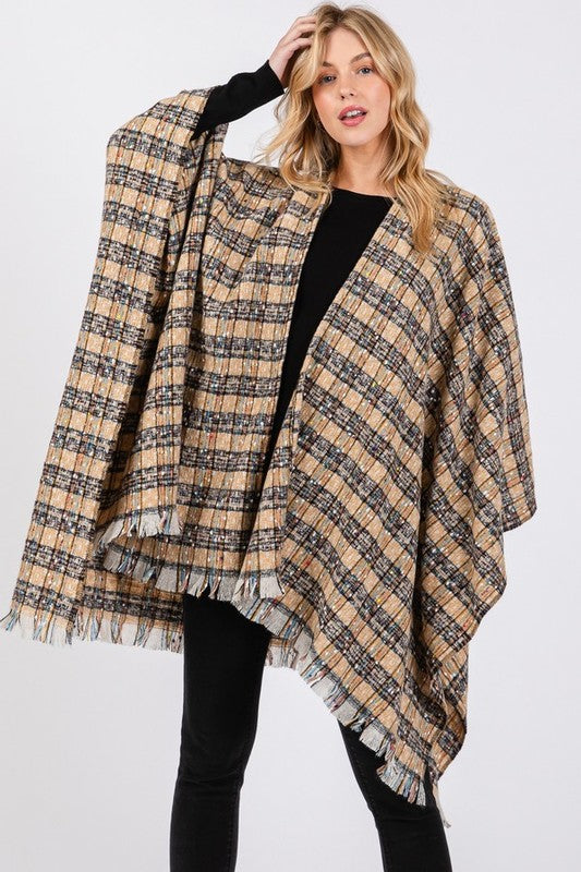 Oversize Plaid Raw Edge Ruana Cardigan