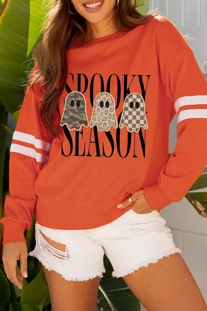 Spooky Season Ghost Graphic Varsity Striped Sleeve Halloween Pullover Sweatshirt by Trendsi