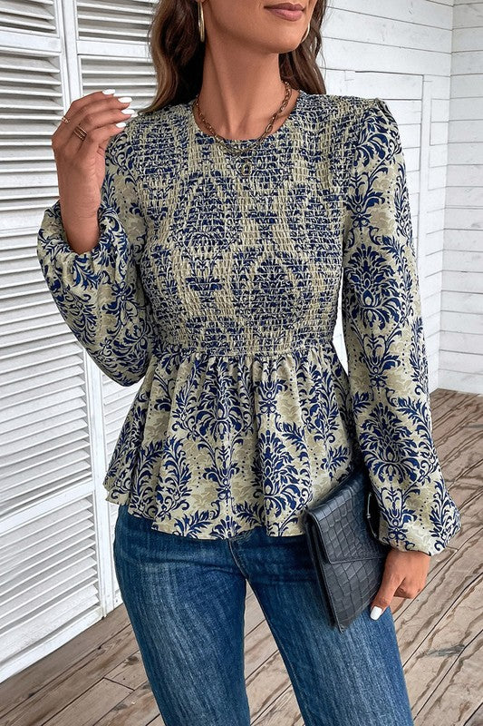 Ethnic Print Balloon Sleeve Smocked Peplum Blouse