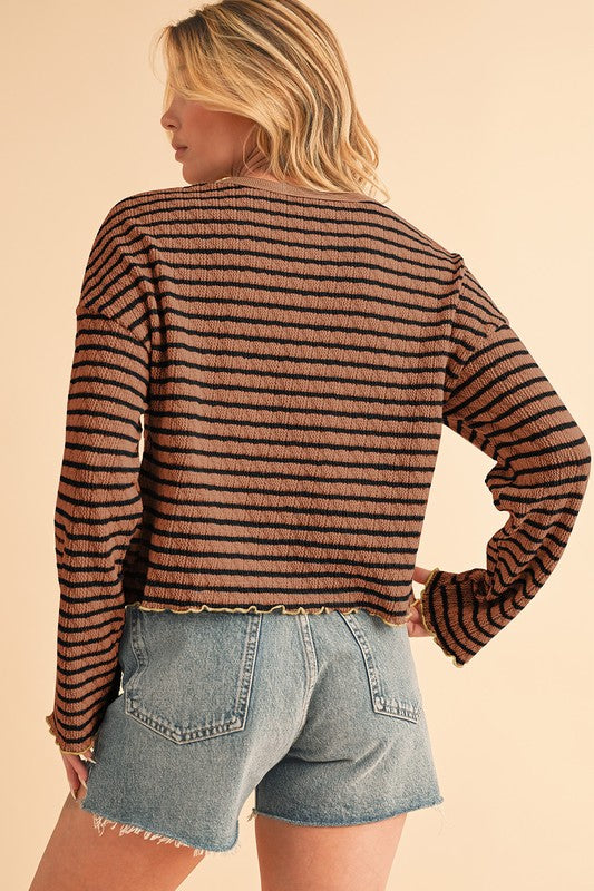 Stripe Textured Long Sleeve Henley Top