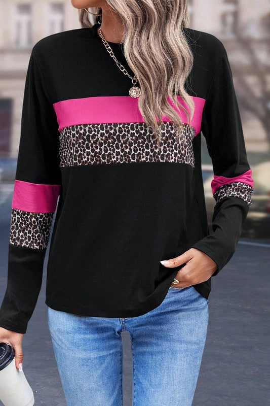 Leopard Colorblock Patchwork Crew Neck Top