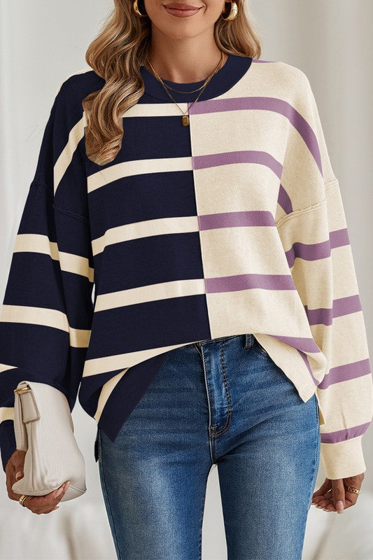 Striped Colorblock Drop Shoulder Sweater