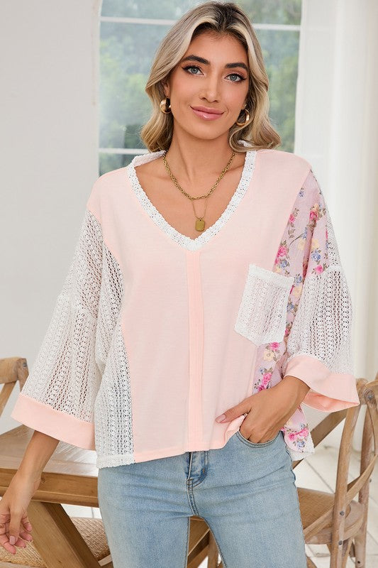 Floral Crochet Patchwork Batwing Sleeve Blouse