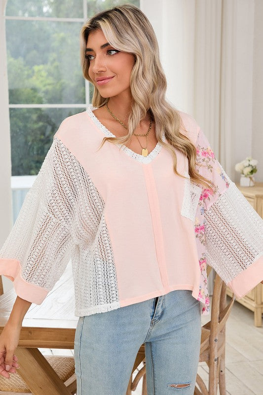 Floral Crochet Patchwork Batwing Sleeve Blouse