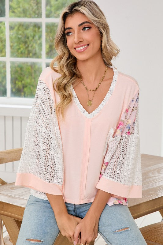 Floral Crochet Patchwork Batwing Sleeve Blouse