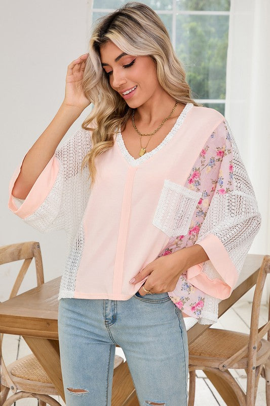 Floral Crochet Patchwork Batwing Sleeve Blouse