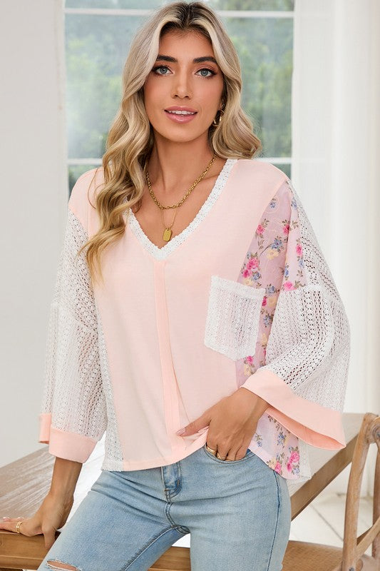 Floral Crochet Patchwork Batwing Sleeve Blouse