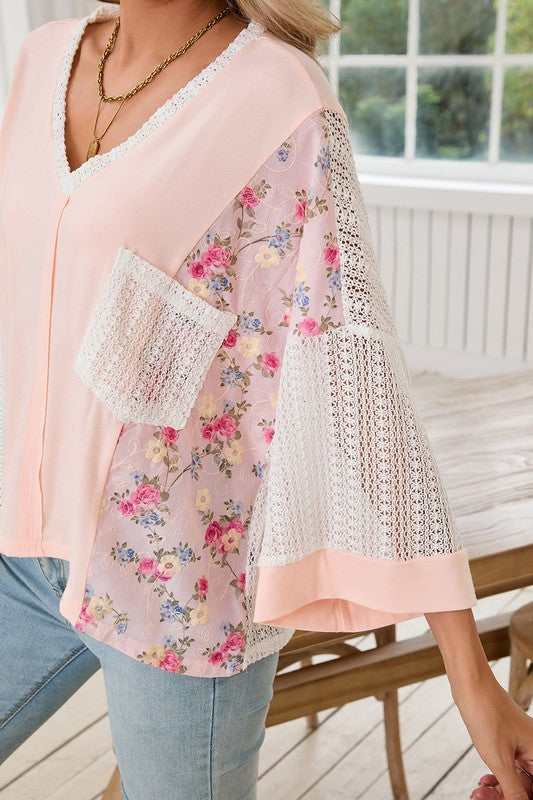 Floral Crochet Patchwork Batwing Sleeve Blouse