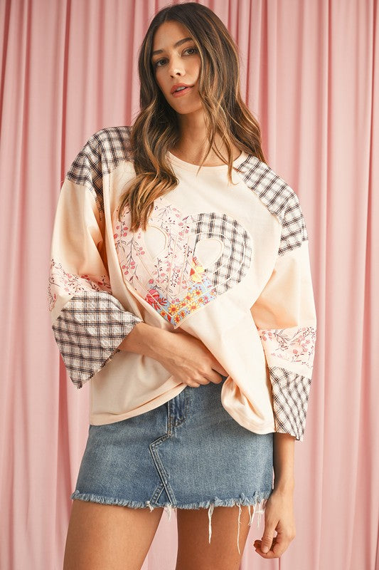 Plaid Floral Patchwork Heart Long Sleeve Top