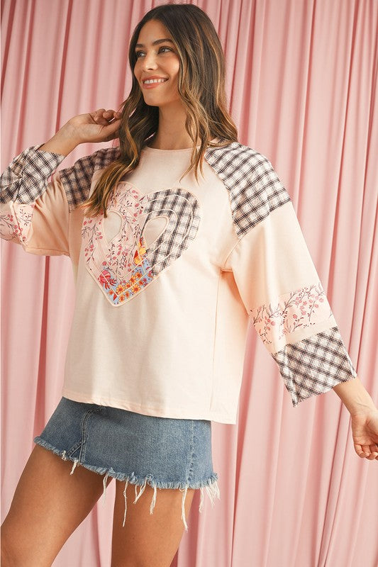 Plaid Floral Patchwork Heart Long Sleeve Top