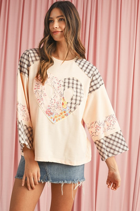 Plaid Floral Patchwork Heart Long Sleeve Top