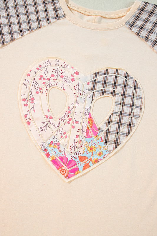 Plaid Floral Patchwork Heart Long Sleeve Top