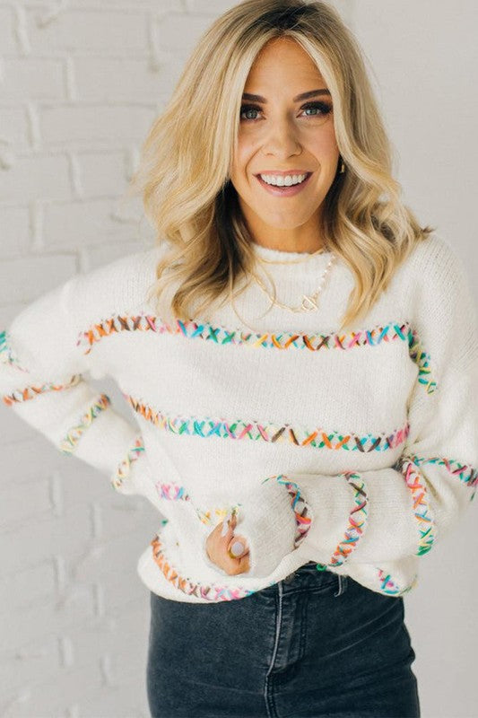 White Crossed Stitch Drop Shoulder Sweater