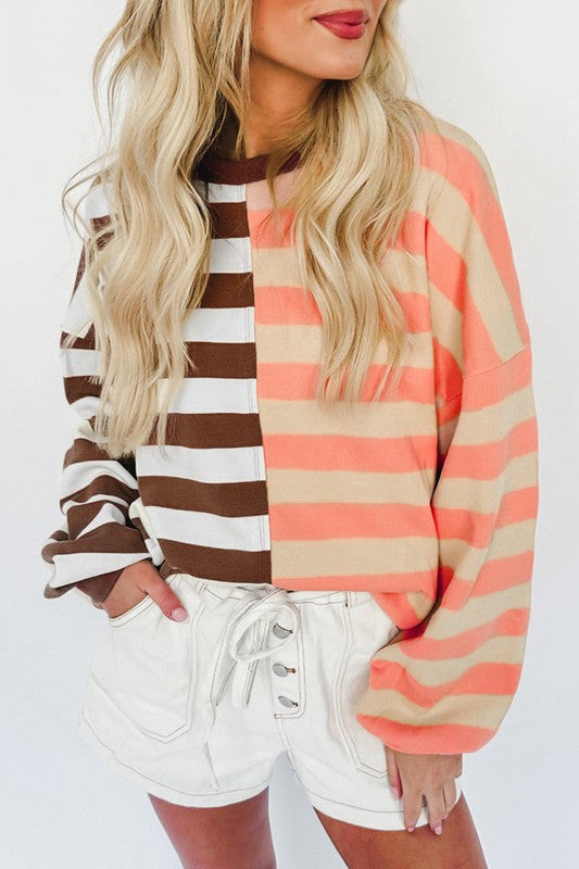 Stripe Color Block Shoulder Pullover Sweatshirt