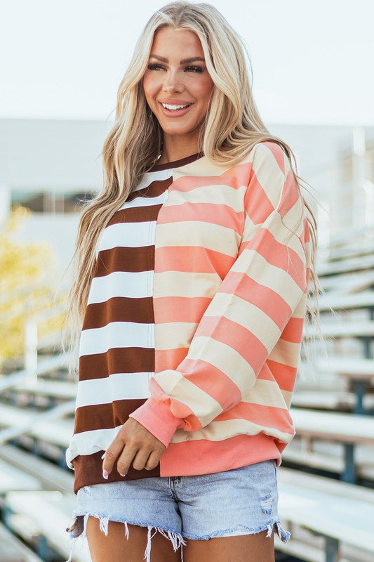 Stripe Color Block Shoulder Pullover Sweatshirt