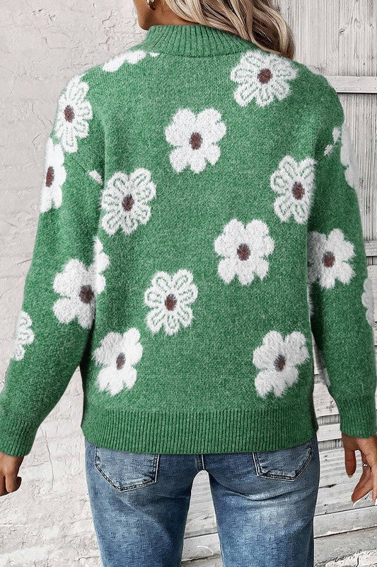 Vintage 60s Floral Pattern Half Zip Collar Sweater