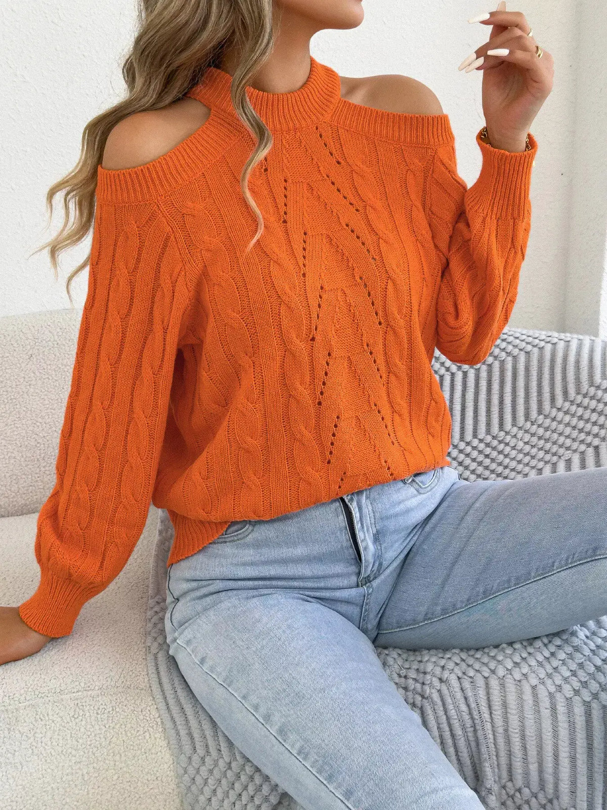 Cold Shoulder Cable Knit Sweater by Trendsi