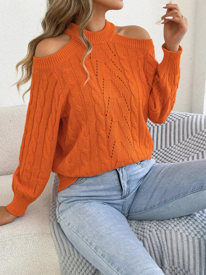 Cold Shoulder Cable Knit Sweater by Trendsi