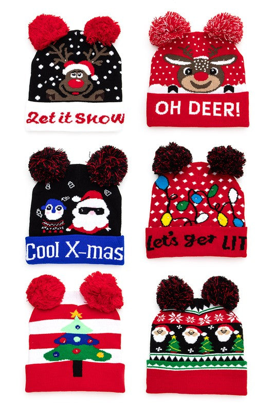 Double Pom Pom LED Christmas Light Up Beanies Set