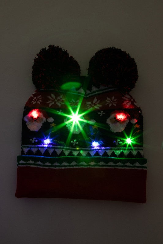 Double Pom Pom LED Christmas Light Up Beanies Set