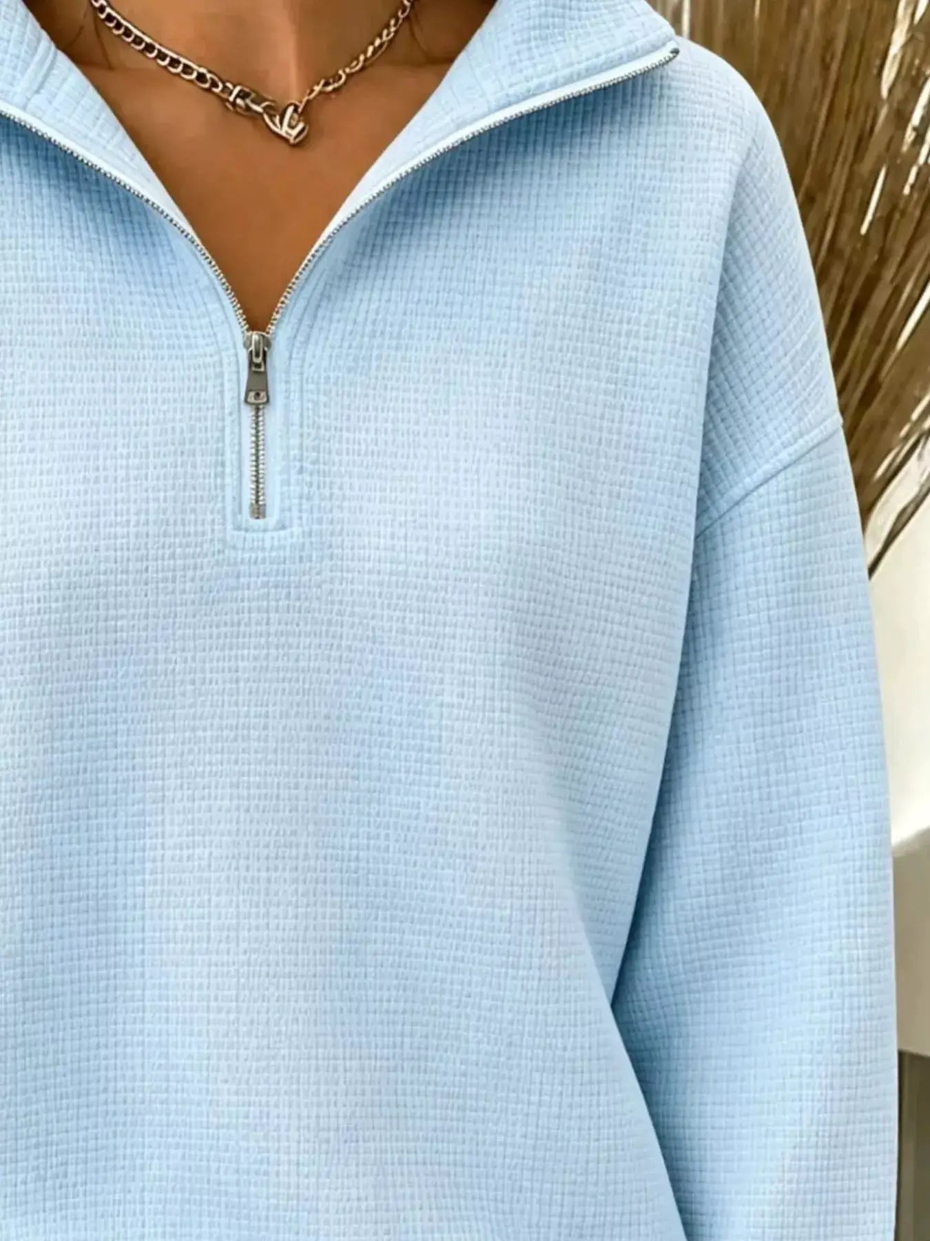 Full Size Waffle Knit Quarter-Zip Sweatshirt Plus Size by Trendsi