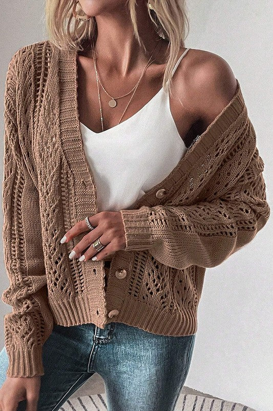 Women  Open Knit Drop Shoulder Sweater Cardigan