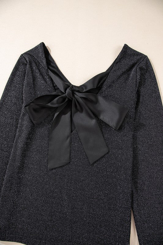 Sweet Bowknot Backless V Neck Long Sleeve Top