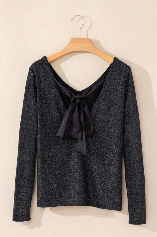 Sweet Bowknot Backless V Neck Long Sleeve Top