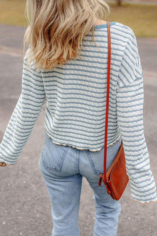 Stripe Textured Frilly Trim Henley Long Sleeve Top