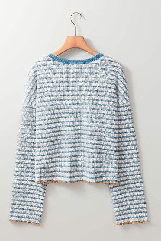 Stripe Textured Frilly Trim Henley Long Sleeve Top