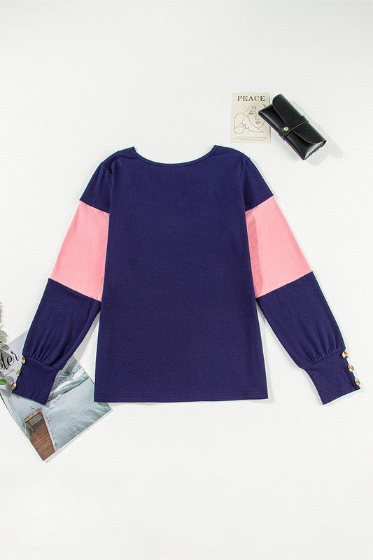 Women Colorblock Decor Long Sleeve V Neck Top