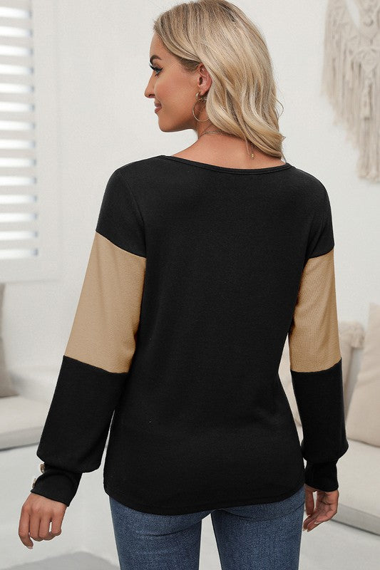 Women Colorblock Decor Long Sleeve V Neck Top