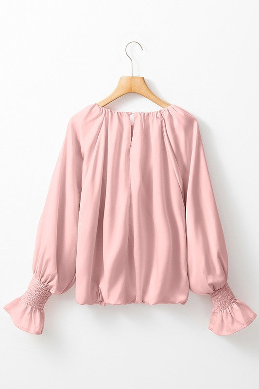 Women Round Neck Flounce Sleeve Satin Blouse