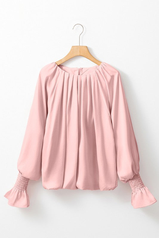 Women Round Neck Flounce Sleeve Satin Blouse