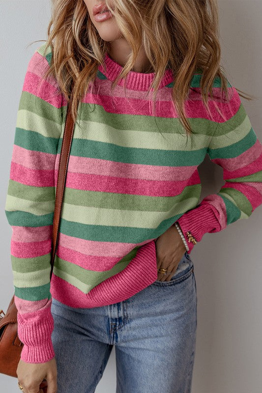 Women Color Block Ribbed Edge Round Neck Sweater