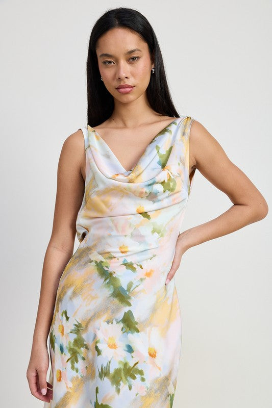 FLORAL MIDI COWL NECK DRESS