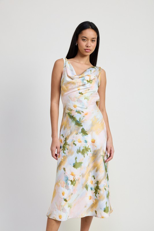 FLORAL MIDI COWL NECK DRESS