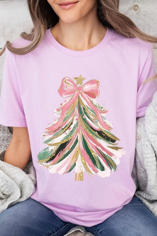 Faux Glitter Pink Bow Christmas Tree Graphic Tee