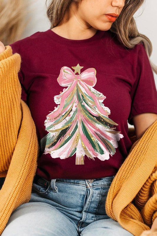 Faux Glitter Pink Bow Christmas Tree Graphic Tee