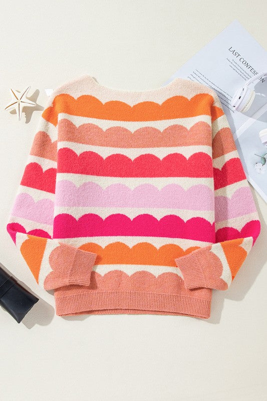 Rose Red Wave Striped Balloon Sleeve Drop Sweater