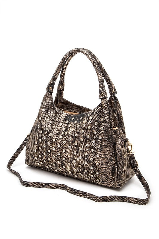 Metallic Snake Crystal Studded Shoulder Bag