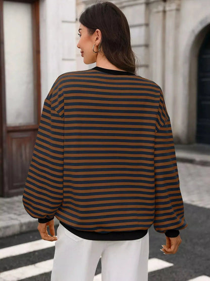 Contrast Trim Striped Crew Neck Sweatshirt by Trendsi